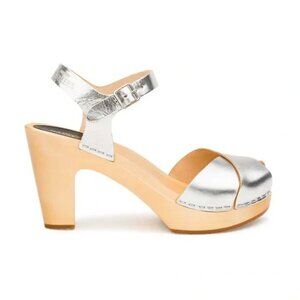 Swedish Hasbeens Merci Sandals Womens 36 6 Silver Open Toe Wood Heels Leather